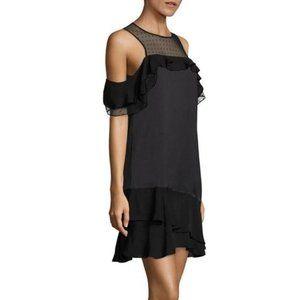 Parker Quinn Cold Shoulder Dress Black Ruffle Hem Mesh Bodice Sheath Womens S